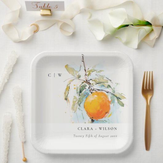 Boho Abstract Sketchy Oranje Tuin Bruiloft Papieren Bordje (Huwelijk)