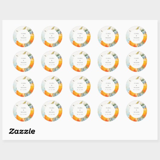 Boho Abstract Sketchy Oranje Tuin Bruiloft Ronde Sticker (Vel)