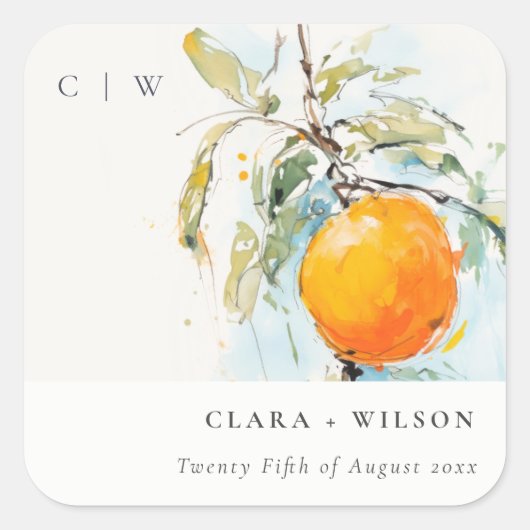 Boho Abstract Sketchy Oranje Tuin Bruiloft Vierkante Sticker (Voorkant)