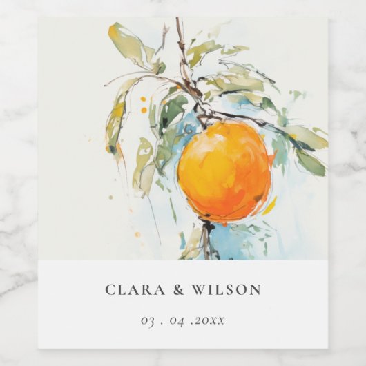 Boho Abstract Sketchy Oranje Tuin Bruiloft Wijn Etiket (Enkel label)