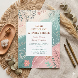 Boho Abstract Turquoise Bloemige Bruiloft Kaart