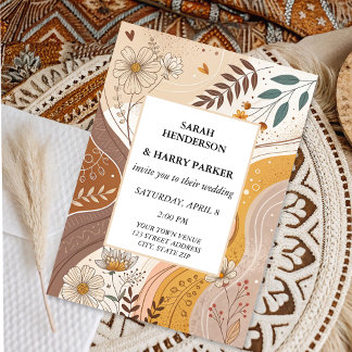 Boho Abstracte Beige Bloemen Huwelijk Kaart