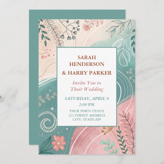 Boho Abstracte Blauwgroen Bloemenbruiloft Kaart (Voorkant / Achterkant)