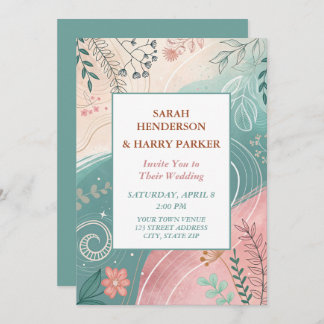 Boho Abstracte Blauwgroen Bloemenbruiloft Kaart