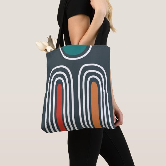 Boho abstracte regenboogkunst op blauwe achtergron tote bag (Dichtbij)