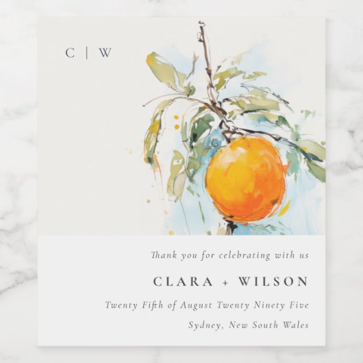 Boho Abstracte Schets Oranje Tuin Bruiloft Wijn Etiket (Enkel label)