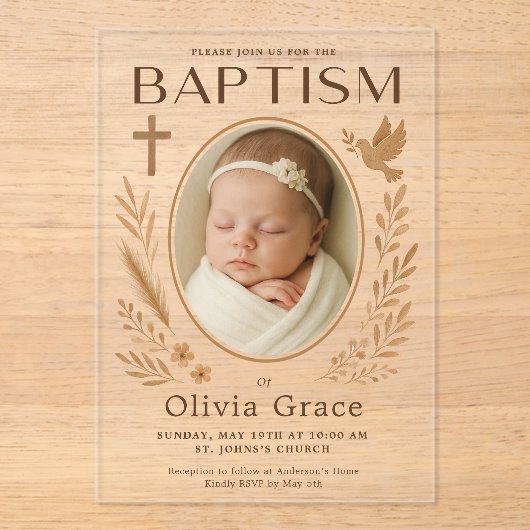 Boho Acryl Doop Uitnodiging met Foto en Dov (Voorkant)