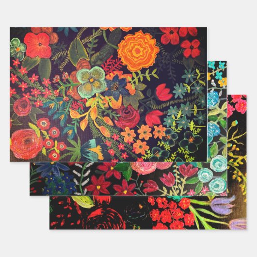 Boho-acrylschildering bloemontwerp inpakpapier vel (Set)