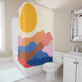 Boho Aesthetisch Abstract Landschap Mountains Blue Douchegordijn (In situ)