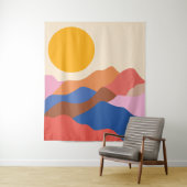 Boho Aesthetisch Abstract Landschap Mountains Blue Wandkleed (In situ)