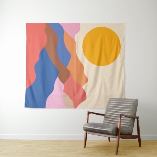 Boho Aesthetisch Abstract Landschap Mountains Blue Wandkleed (In Situ (horizontaal))