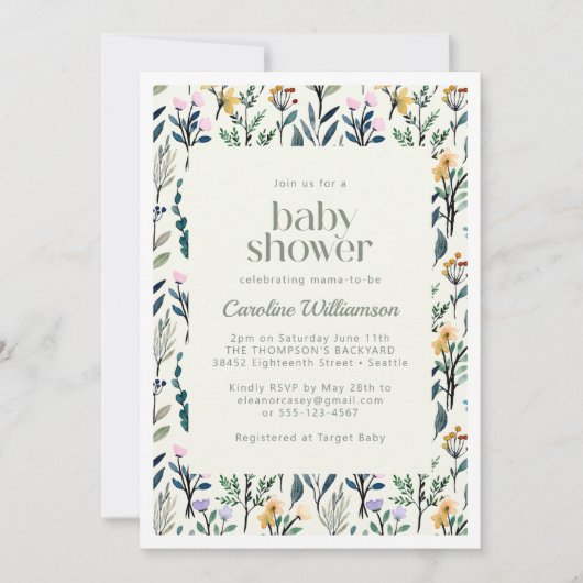 Boho Aesthetische Waterverf Wildbloem Baby shower Kaart (Voorkant)