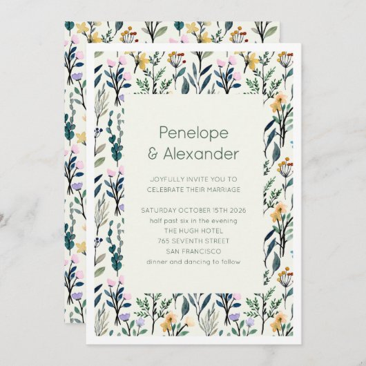 Boho Aesthetische Waterverf Wildflower Wedding Kaart (Voorkant / Achterkant)