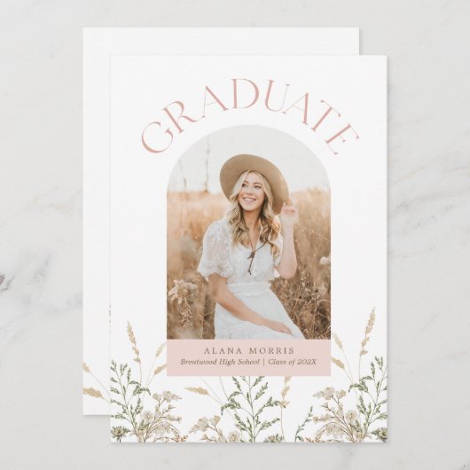 Boho Afstuderen Arch Roze en Groen Afstuderen Foto Kaart (Voorkant / Achterkant)