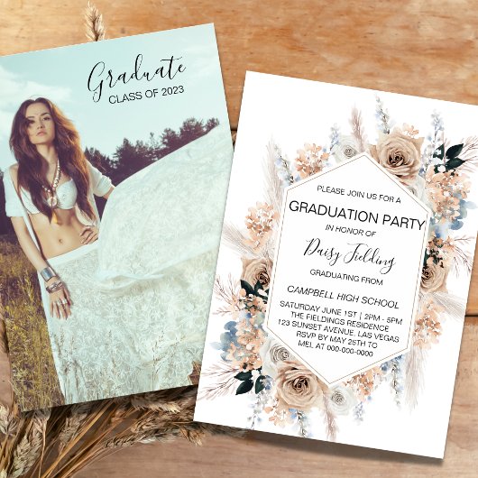 Boho Afstuderen Photo Party Invitation Kaart