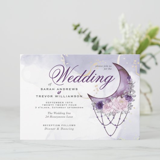 Boho All in One Wedding Amethyst Crescent Moon Kaart (Staand voorkant)