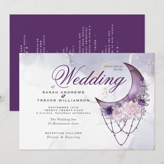 Boho All in One Wedding Amethyst Crescent Moon Kaart (Voorkant / Achterkant)