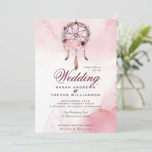 Boho All in One Wedding Pink Maroon Dream Catcher Kaart (Staand voorkant)