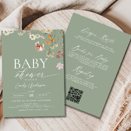 Boho All in One Wildflower Sage Green Baby shower Kaart