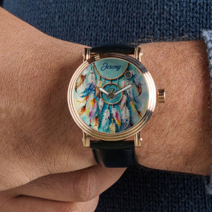 Boho American Indian Dream Catcher, waterverf Horloge