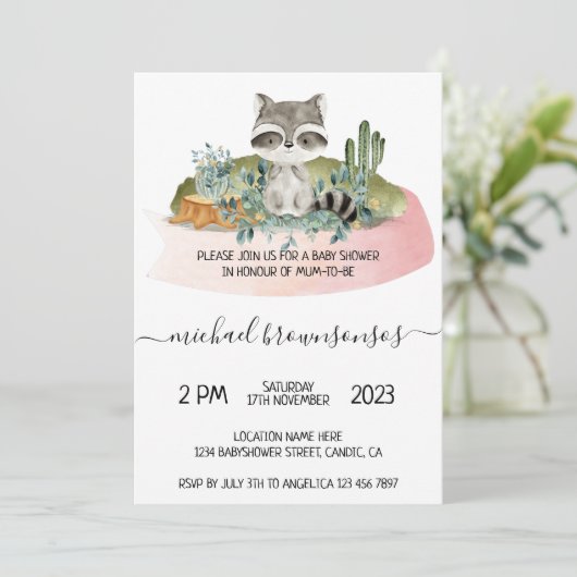 Boho Animal Raccoon Tropisch Baby shower Kaart (Staand voorkant)