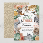 Boho Animal Safari Wild en Three Birthday Kaart (Voorkant / Achterkant)