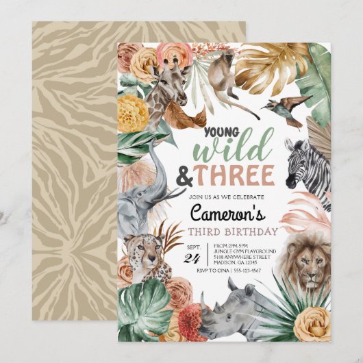Boho Animal Safari Wild en Three Birthday Kaart (Voorkant / Achterkant)