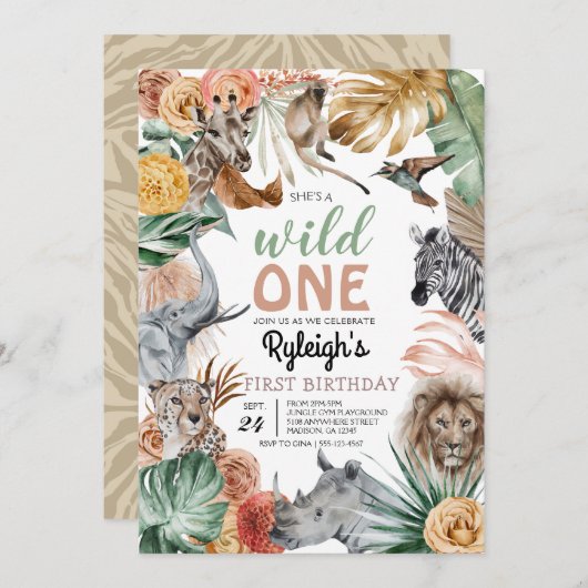 Boho Animal Safari Wild One Birthday Kaart (Voorkant / Achterkant)