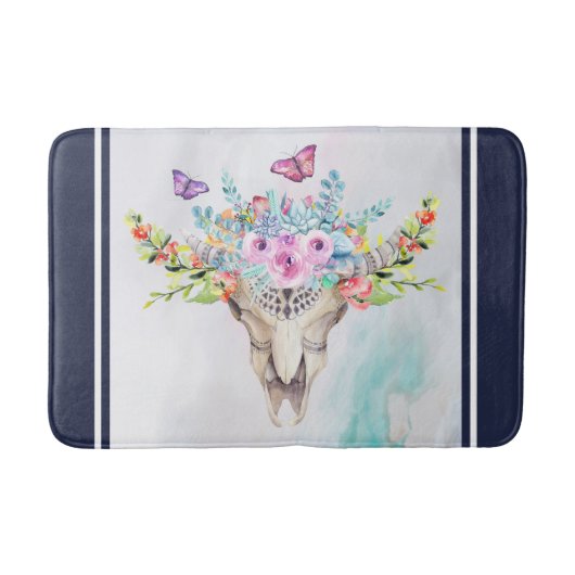 Boho Animal Skull met Butterflies en Flowers Badmat (Voorkant)