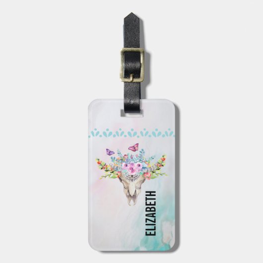 Boho Animal Skull met Butterflies en Flowers Bagagelabel (Voorkant verticaal)