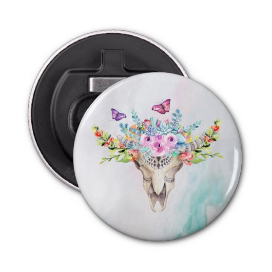 Boho Animal Skull met Butterflies en Flowers Button Flesopener (Voorkant)