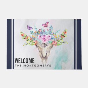 Boho Animal Skull met Butterflies en Flowers Deurmat