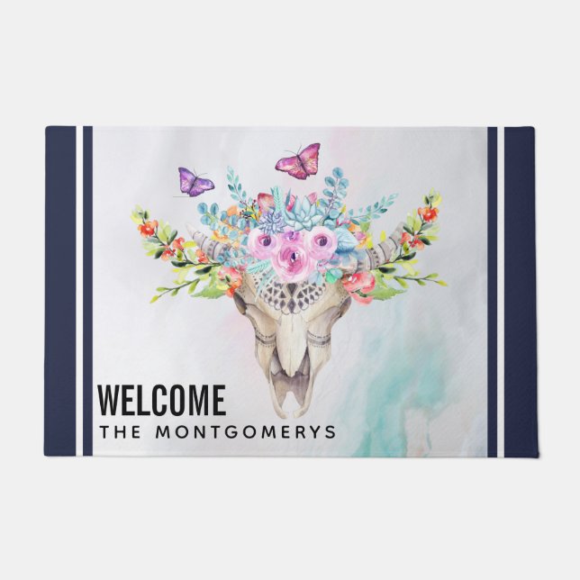 Boho Animal Skull met Butterflies en Flowers Deurmat (Voorkant)