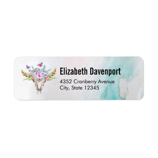 Boho Animal Skull met Butterflies en Flowers Etiket (Voorkant)