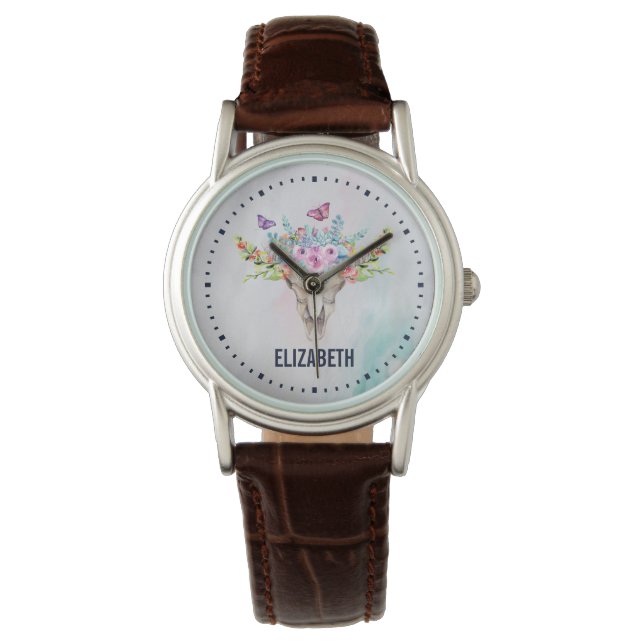 Boho Animal Skull met Butterflies en Flowers Horloge (Voorkant)