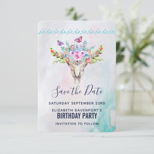 Boho Animal Skull met Butterflies en Flowers Kaart (Staand voorkant)