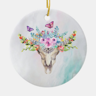 Boho Animal Skull met Butterflies en Flowers Keramisch Ornament