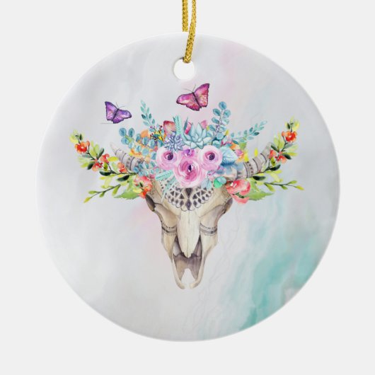 Boho Animal Skull met Butterflies en Flowers Keramisch Ornament (Voorkant)