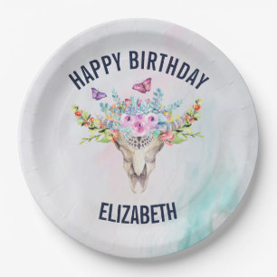 Boho Animal Skull met Butterflies en Flowers Papieren Bordje