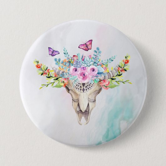 Boho Animal Skull met Butterflies en Flowers Ronde Button 7,6 Cm (Voorkant)