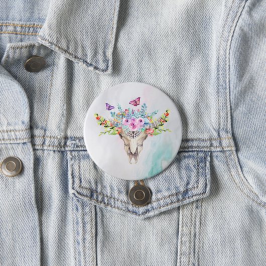 Boho Animal Skull met Butterflies en Flowers Ronde Button 7,6 Cm (In situ)