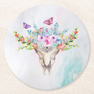 Boho Animal Skull met Butterflies en Flowers Ronde Kartonnen Onderzetter