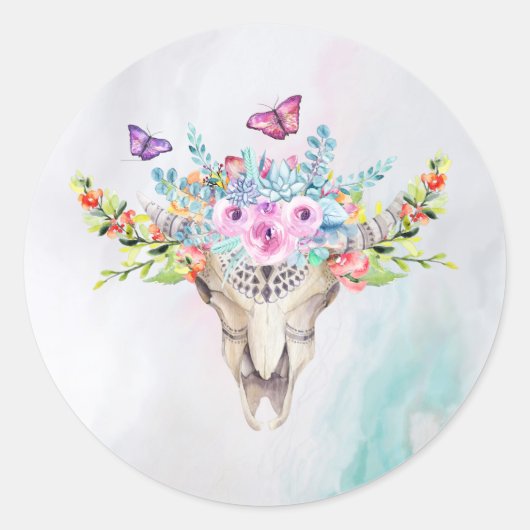 Boho Animal Skull met Butterflies en Flowers Ronde Sticker (Voorkant)