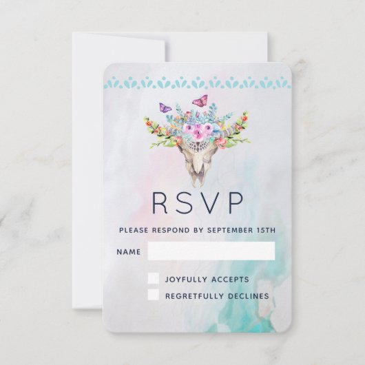 Boho Animal Skull met Butterflies en Flowers RSVP Kaartje (Voorkant)