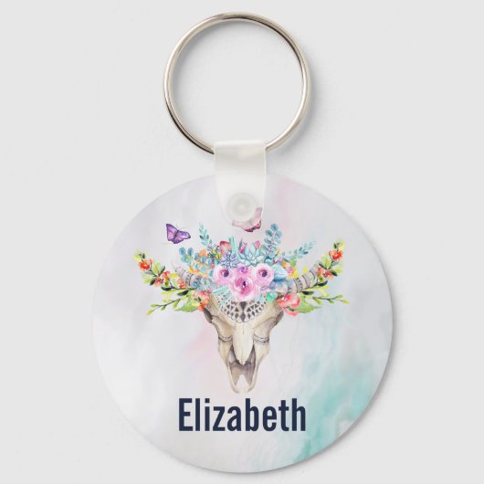 Boho Animal Skull met Butterflies en Flowers Sleutelhanger (Voorkant)