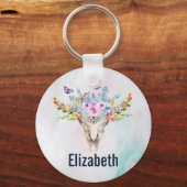 Boho Animal Skull met Butterflies en Flowers Sleutelhanger (Voorkant)