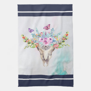 Boho Animal Skull met Butterflies en Flowers Theedoek