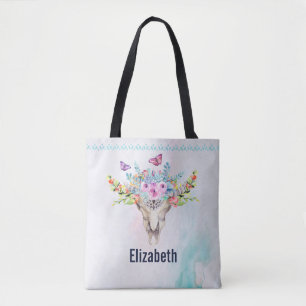 Boho Animal Skull met Butterflies en Flowers Tote Bag