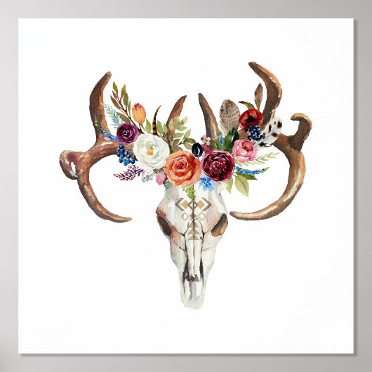 Boho Animal Skull met kleurrijke Boho bloemen Folie Afdrukken (Voorkant)
