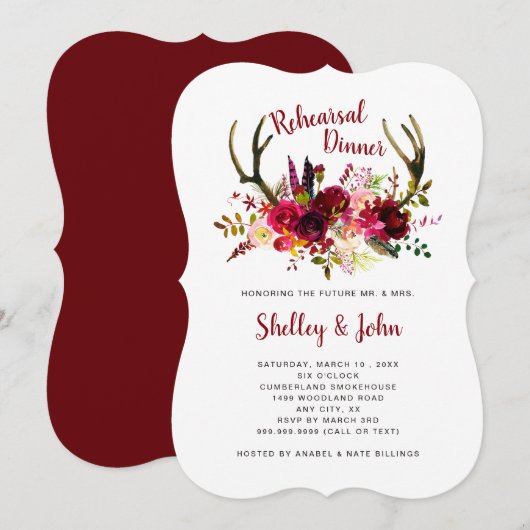 Boho Antler Burgundy Floral Rehearsal Dinner Kaart (Voorkant / Achterkant)